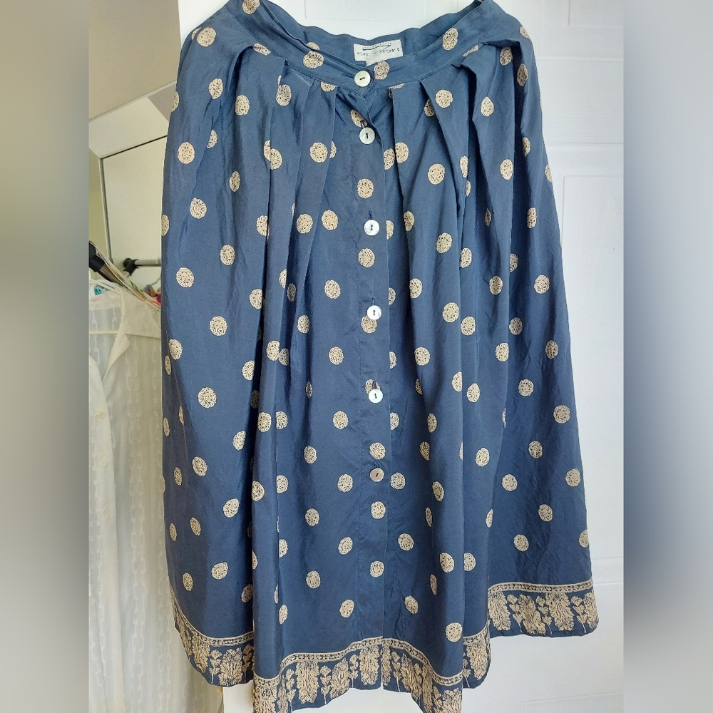 Vintage Apriori Escada Blue Gold Polka Dot Silk Skirt - Mother Of Pearls - Small - Picture 3 of 8